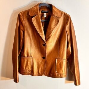 Jones New York SZ M Copper Tan Leather Metallic Sheen Lined Jacket with Pockets